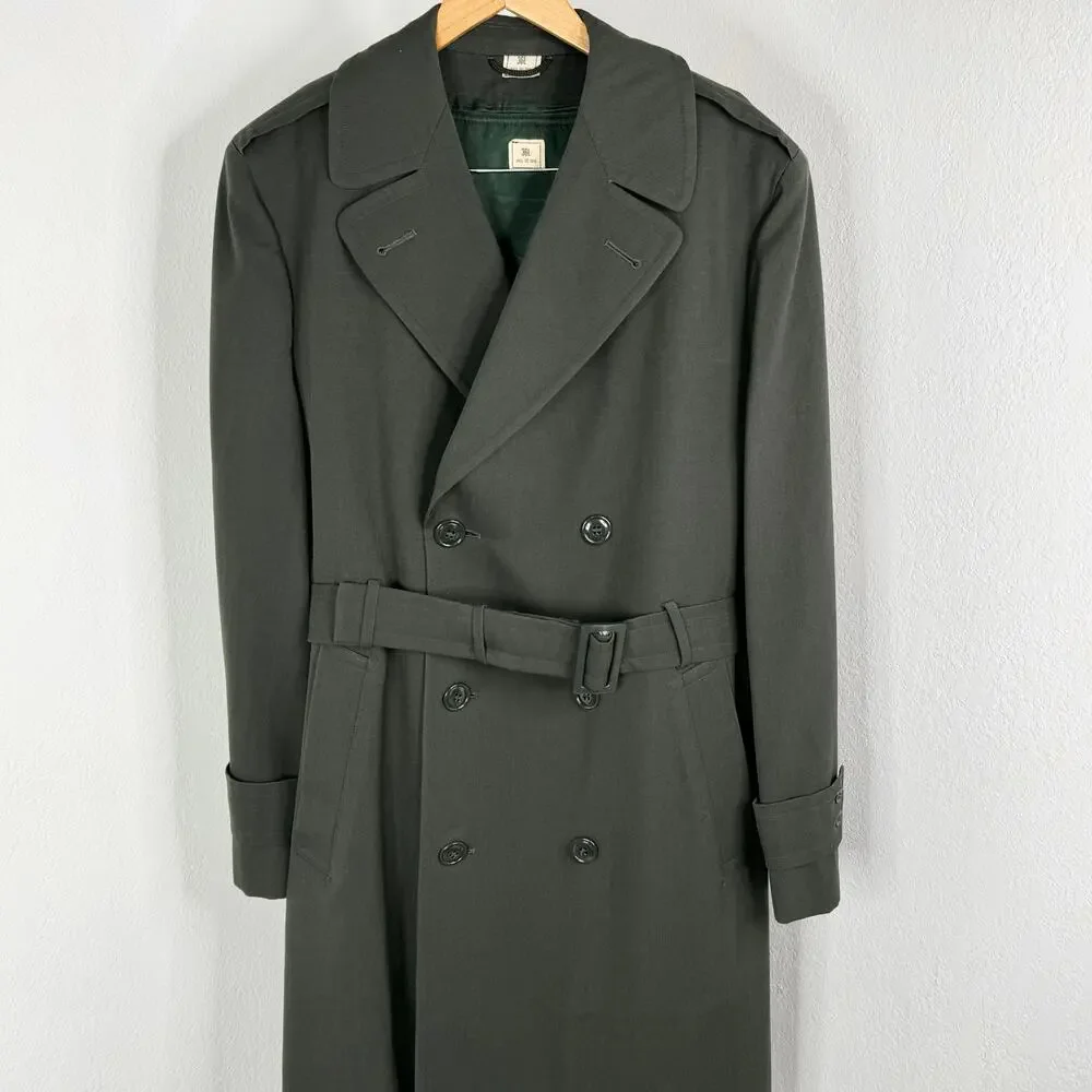 Vintage Military Wool Overcoat Gaberdine Belted Trench Removeable Liner 36L